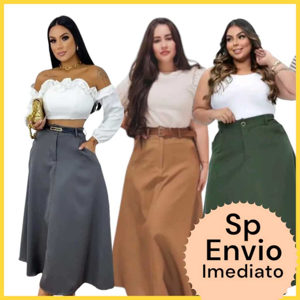 Saia  longa alfaiataria feminina rodada com cinto e bolso Saia gode plus size do P ao G3
