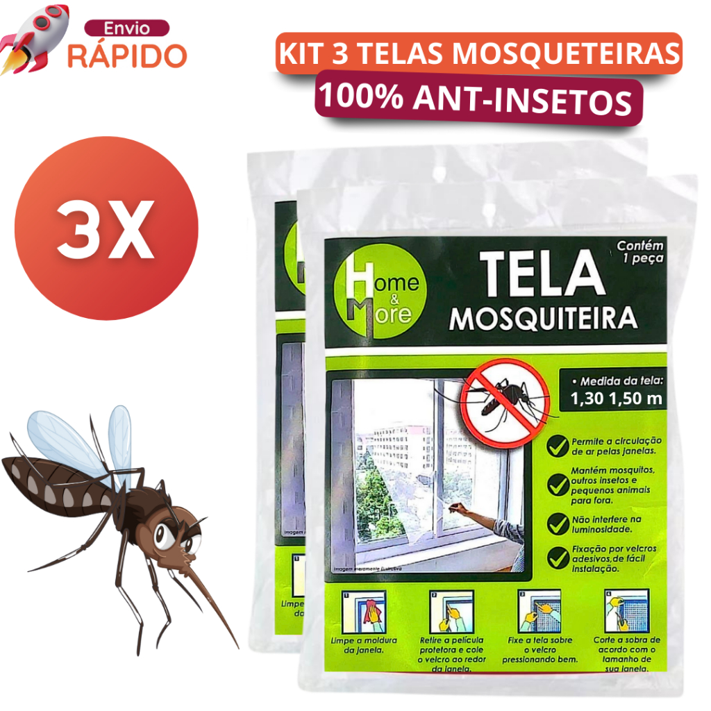 Tela Contra Mosquitos 3 Peças 1,30x1,50m com Velcro | Mosquiteira para Janela Fácil de Colocar