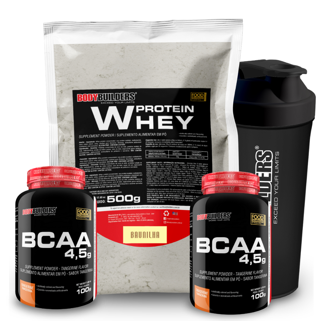 Kit Whey Protein Concentrado em Blend Proteico 500g + 2x BCAA 4,5 100g +  Coqueteleira Bodybuilders - Health