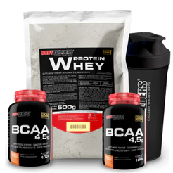 Kit Whey Protein Concentrado em Blend Proteico 500g + 2x BCAA 4,5 100g + Coqueteleira Bodybuilders