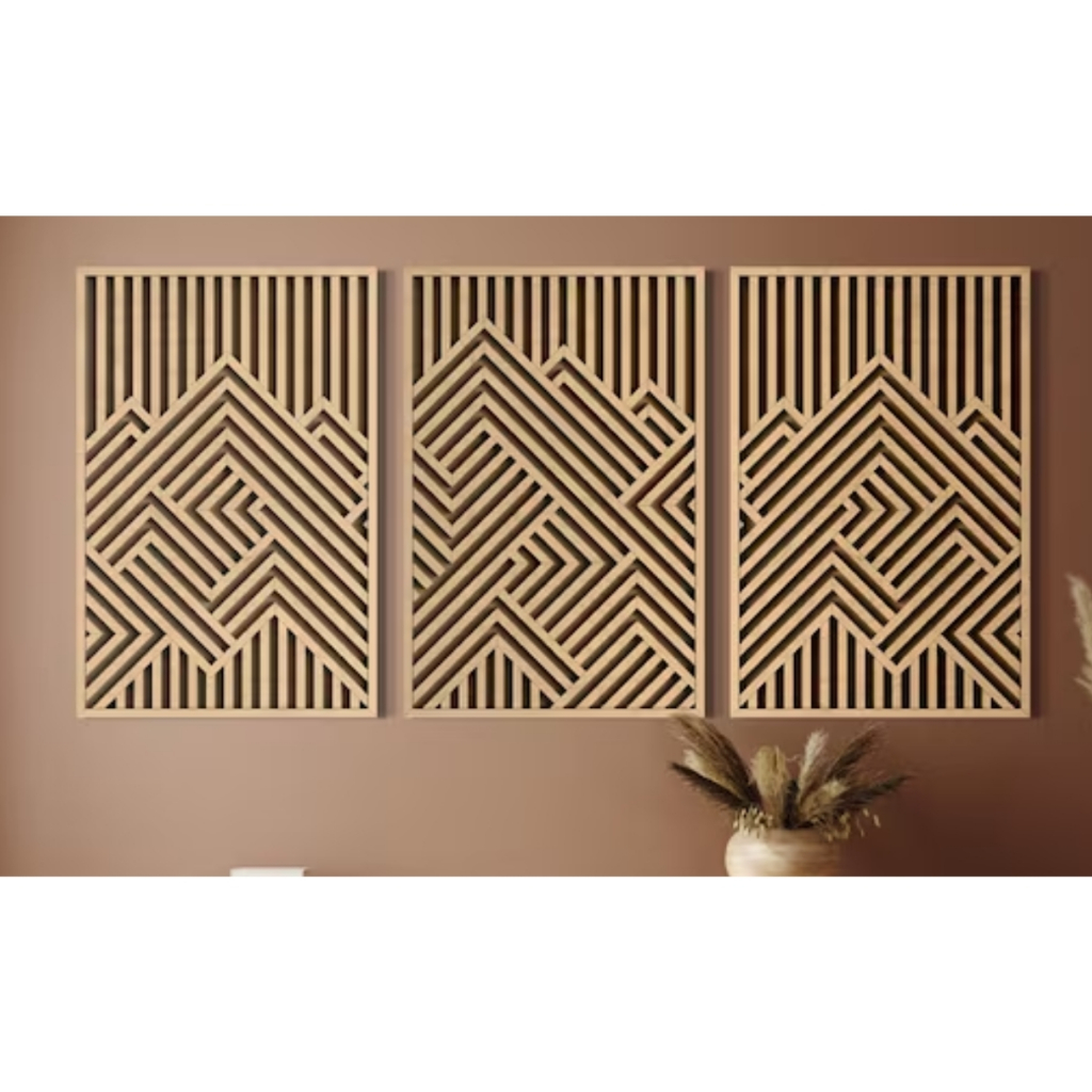 Conjunto com 3 Quadros Geométrico Painel Aplique de Parede Vazado em MDF 3mm 80cm x 40cm