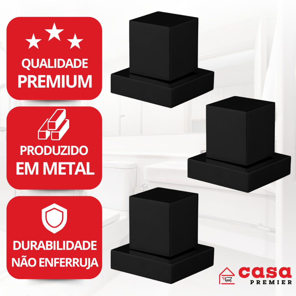 Kit 3 Acabamentos Quadrado Registro Chuveiro Pressão / Gaveta 1/2 e 3/4 Preto 10