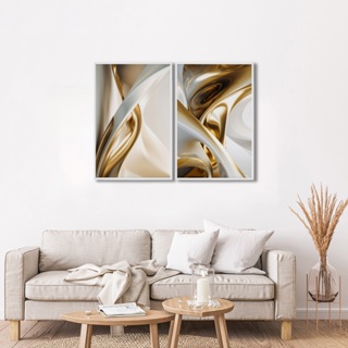 Quadro Elegância Abstrata em Dourado 2 Telas Moldura Branca 50x75 em Oferta na Shopee
