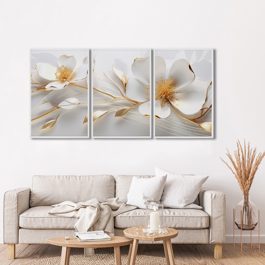 Quadro Decorativo Elegância em Flor Em 3 Telas Moldura Branca 50x75 em Oferta na Shopee