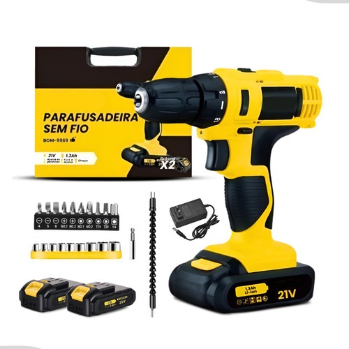 Parafusadeira Furadeira Sem Fio 21v Com 2 Baterias 340w Mais 21 Acessórios Bivolt
