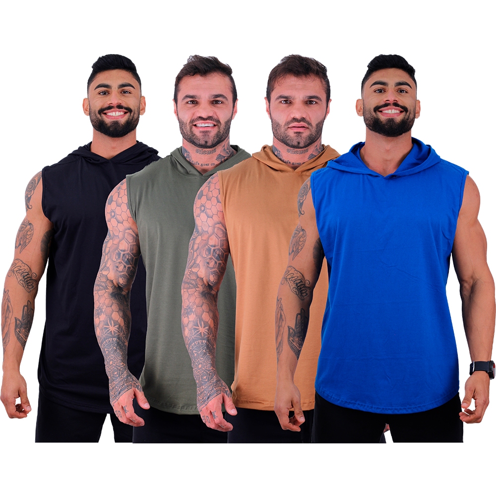 Kit 4 Regatas Com Touca Machão Longline MXD Conceito Casual Fitness Musculação Cores Lisas