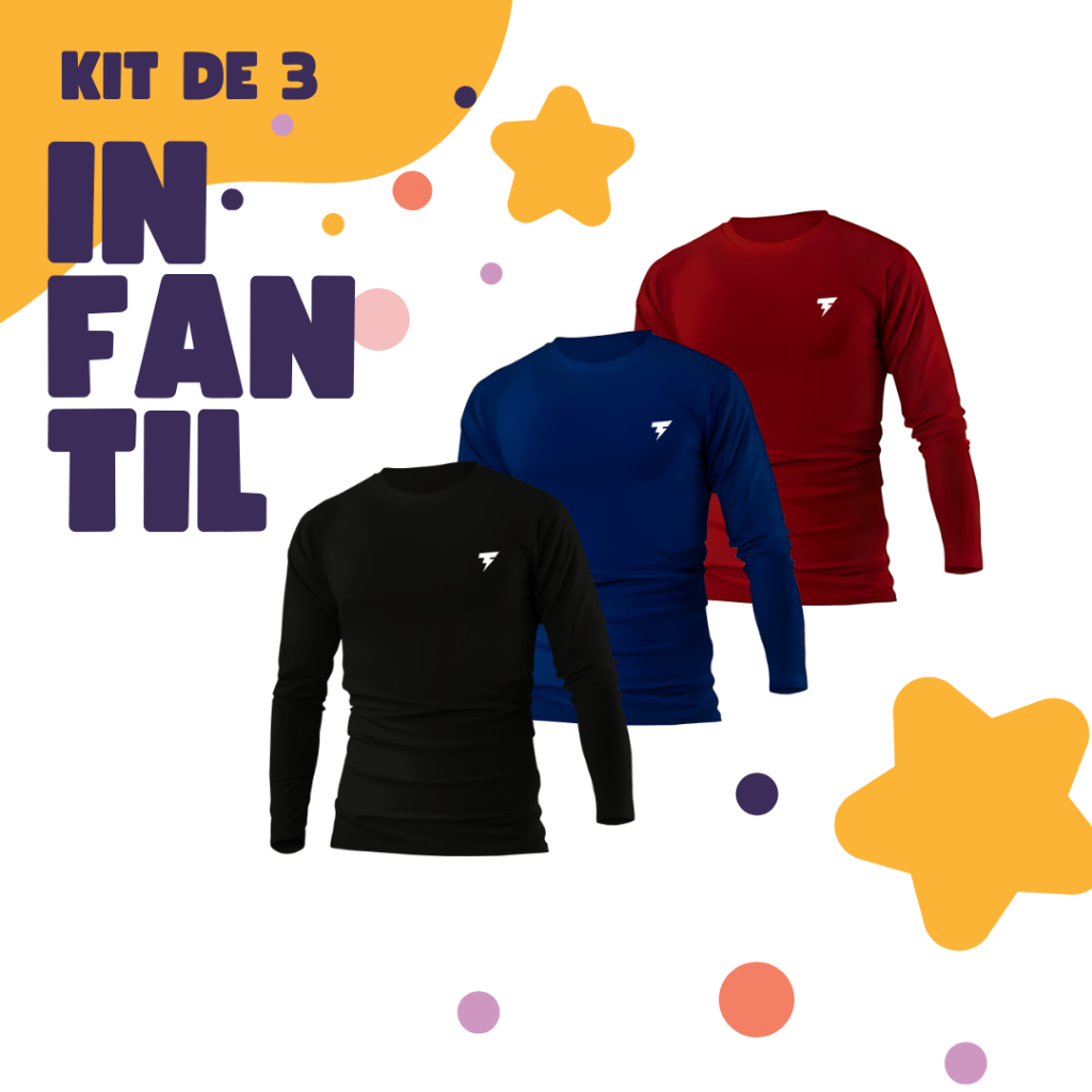 Kit 3 Camisa Proteção UV Malha Fria Camisetas Térmicas Masculina Infantil e Infanto-juvenil