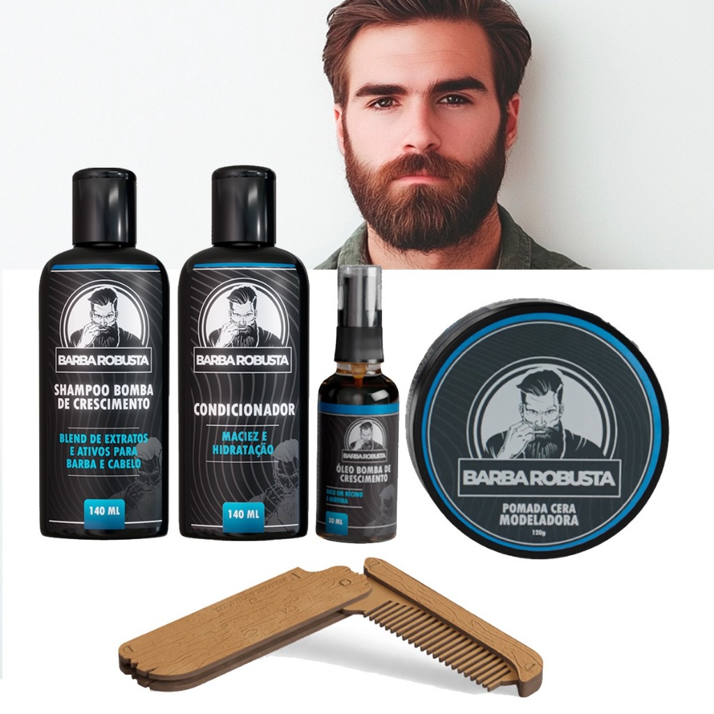 Kit Barba Masculino Barba Robusta Shampoo, Condicionador, Óleo, Cera Modeladora e Pente