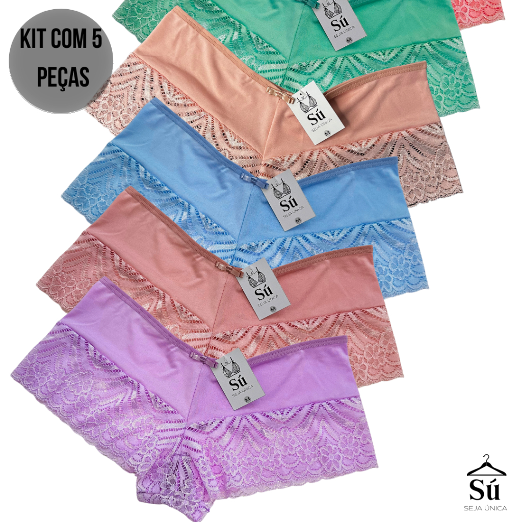 Kit 5 ou 3 Calcinhas Luxo Renda Box Shortinho Cueca Feminina Forro Algodão