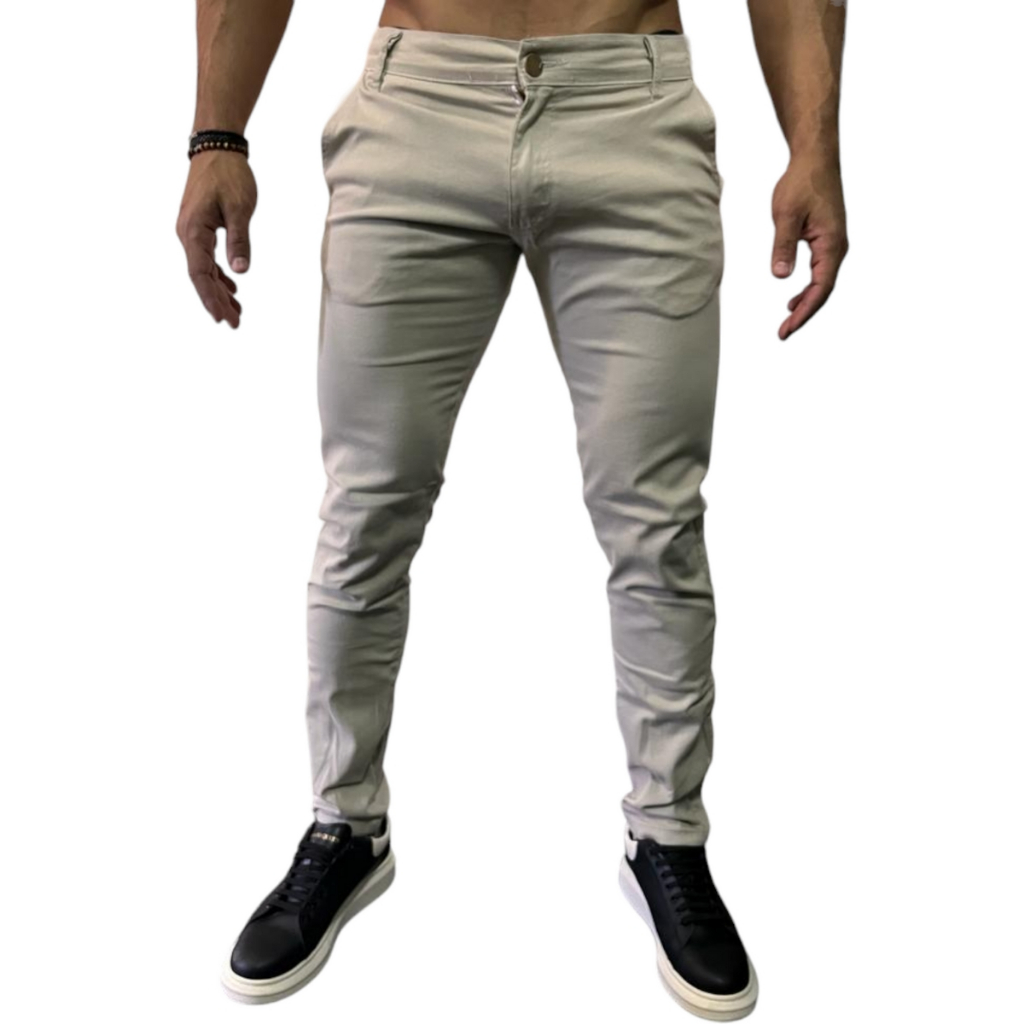 Calça Social Sport Fino Alfaiataria Sarja Algodão Elastano Bolso Embutido Fecho de Zíper e Botão