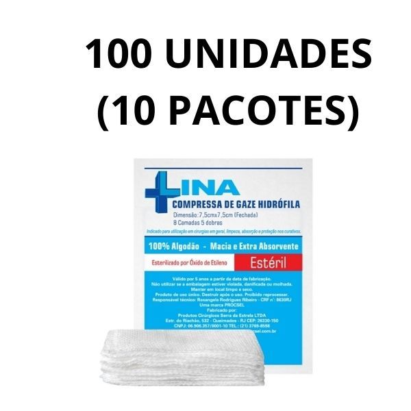 Compressa De Gaze ESTÉRIL 11 Fios Hidrófila 10 pac (100 unidades) em Oferta na Shopee