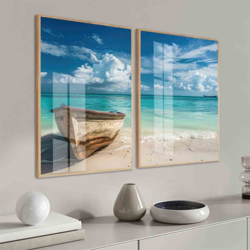 Quadro Decorativo - Barco Mar Moldura e Vidro Sala Quarto Corredor Hall Casa De Praia em Oferta na Shopee