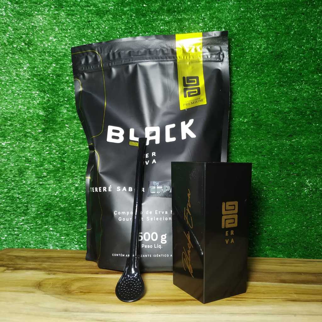 Kit Terere: Cuia Acrilico Quadrado 300 ml + Bomba Tradicional Bojo Preta + Erva Mate Black Erva 500g
