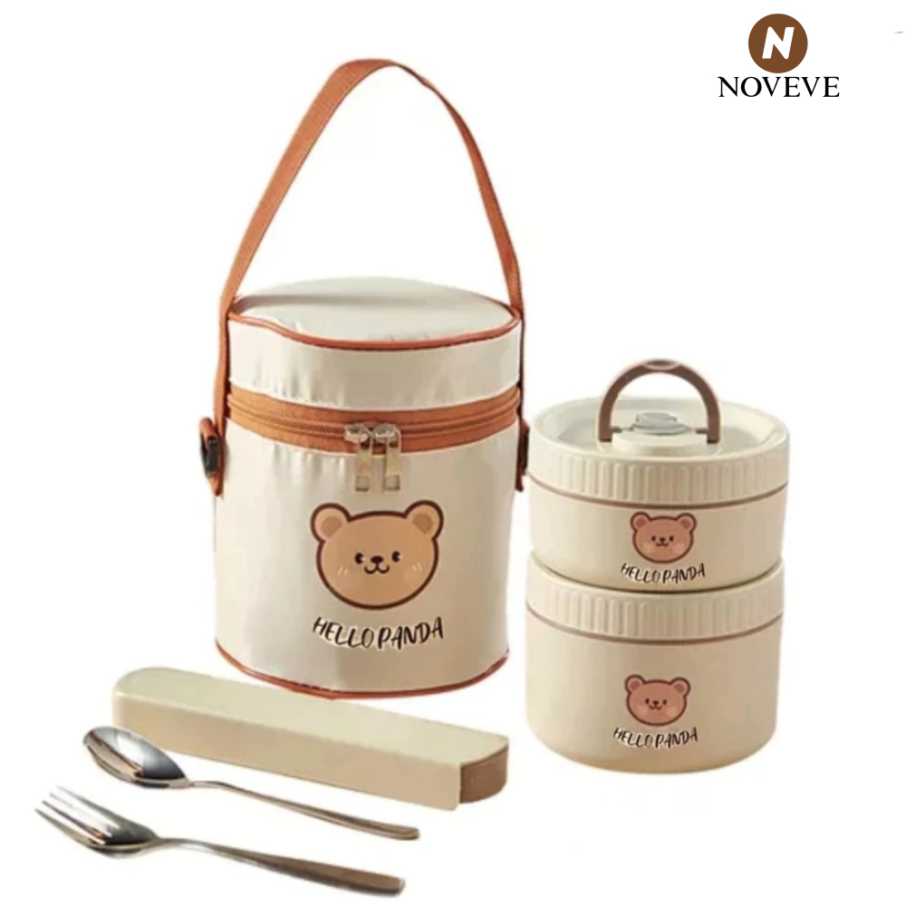 Urso 400ml+600ml Infantil Marmita Lancheira Térmica Pote Com Bolsa Aço Inoxidável 304 NOVEVE em Oferta na Shopee