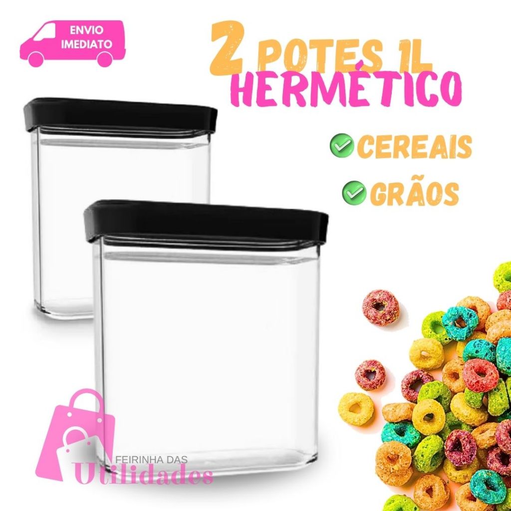 Kit 02 Potes Herméticos Para Café  Açúcar  Cereal 1Litro Cozinha Organização