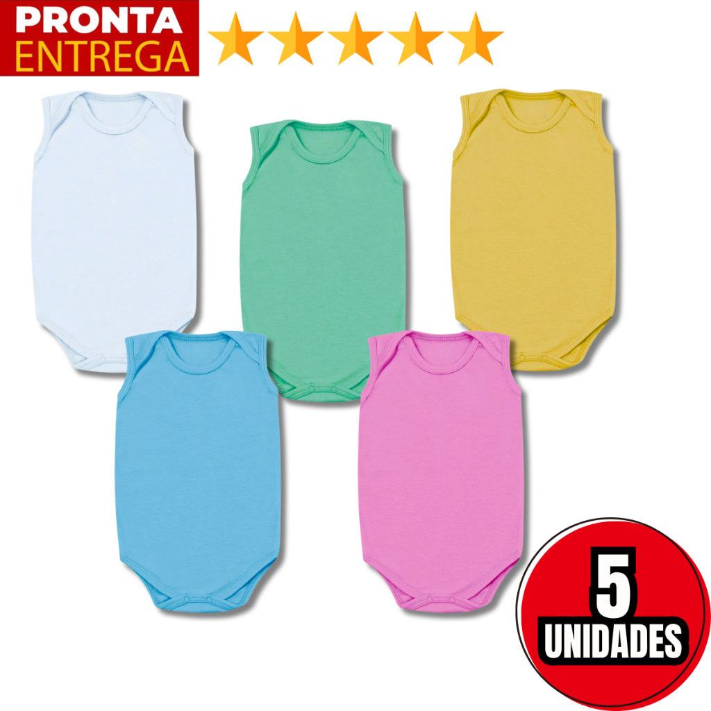 Kit 5 Body Regata Sem Manga Liso Infantil Bebê Menino Menina em Oferta na Shopee