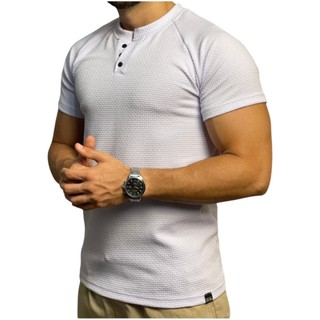 Camiseta Masculina Raglan Manga Curta Modelo Henley Premium em Oferta na Shopee