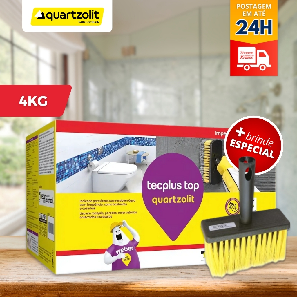 Impermeabilizante Tecplus Top Quartzolit 4kg + Broxa Banheiro Cozinha massa Polimérica Semi-Flexível