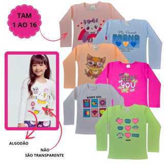 Kit 3 Camiseta de Manga Comprida Infantil Menina Blusinha Manga Juvenil Cotton Meia Estaçã...