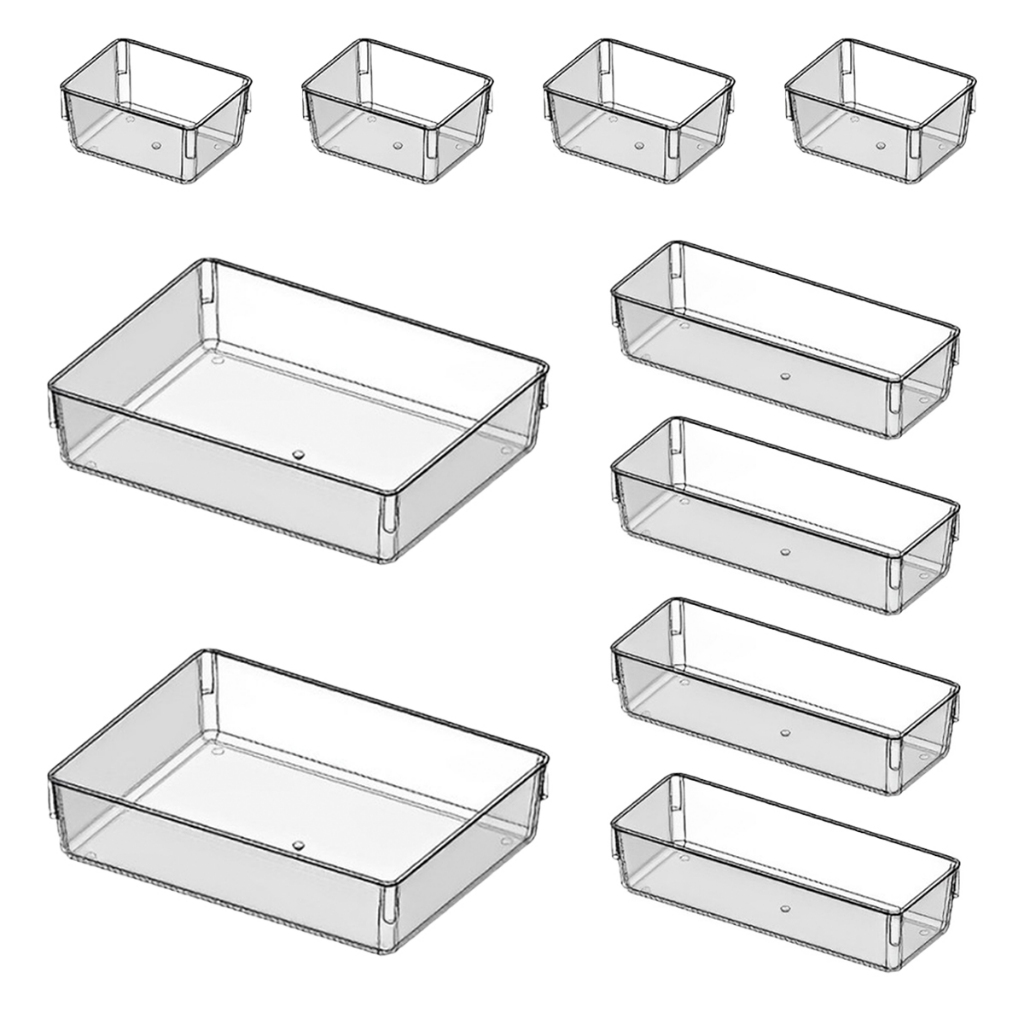 Kit Com 10 Organizadores Acrílico Cristal Modular Para Geladeiras Gavetas e Maquiagens