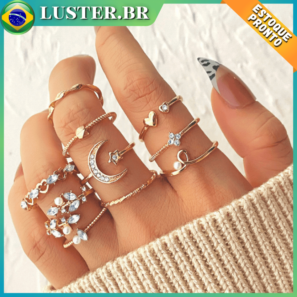 10 Pçs Conjunto De Anel Ajustável Para Mulheres Lua Estrela Coração Diamante Jóias Moda Estética Anel Acessórios