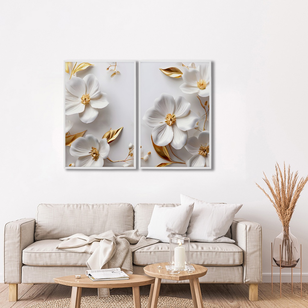 Quadro Decorativo Harmonia Floral 2 Telas Moldura Branca 50x75 Com Vidro