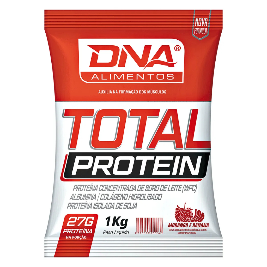 Total Protein Whey Proteina 1kg Morango e Banana Dna Suplementos