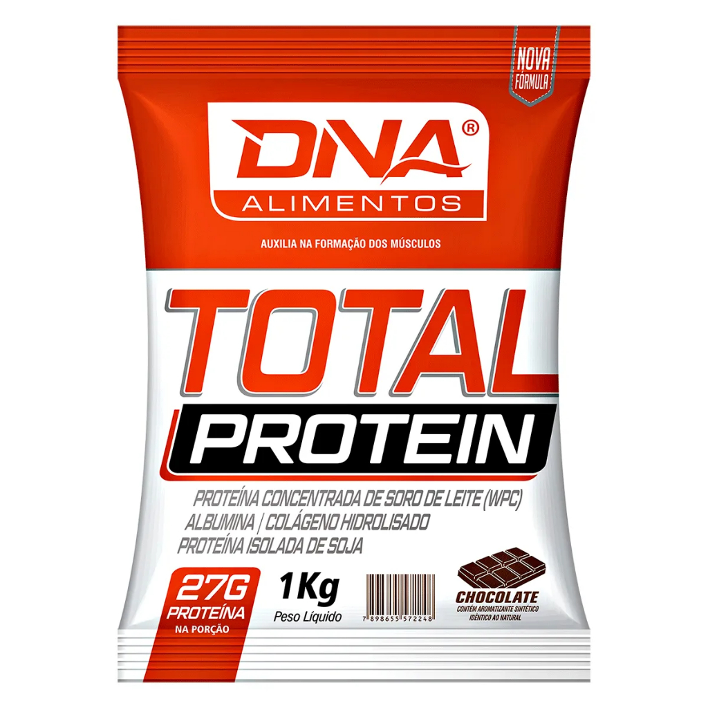 Whey Total Protein 1kg Chocolate DNA Suplementos Ganho de Massa e Recuperação Muscular