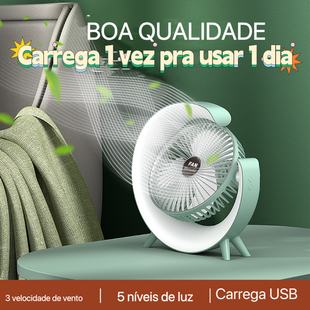 Ventilador de Mesa Portátil RGB Abajur com Luminária com 3 Velocidades e 5 níveis de Luz Fresco
