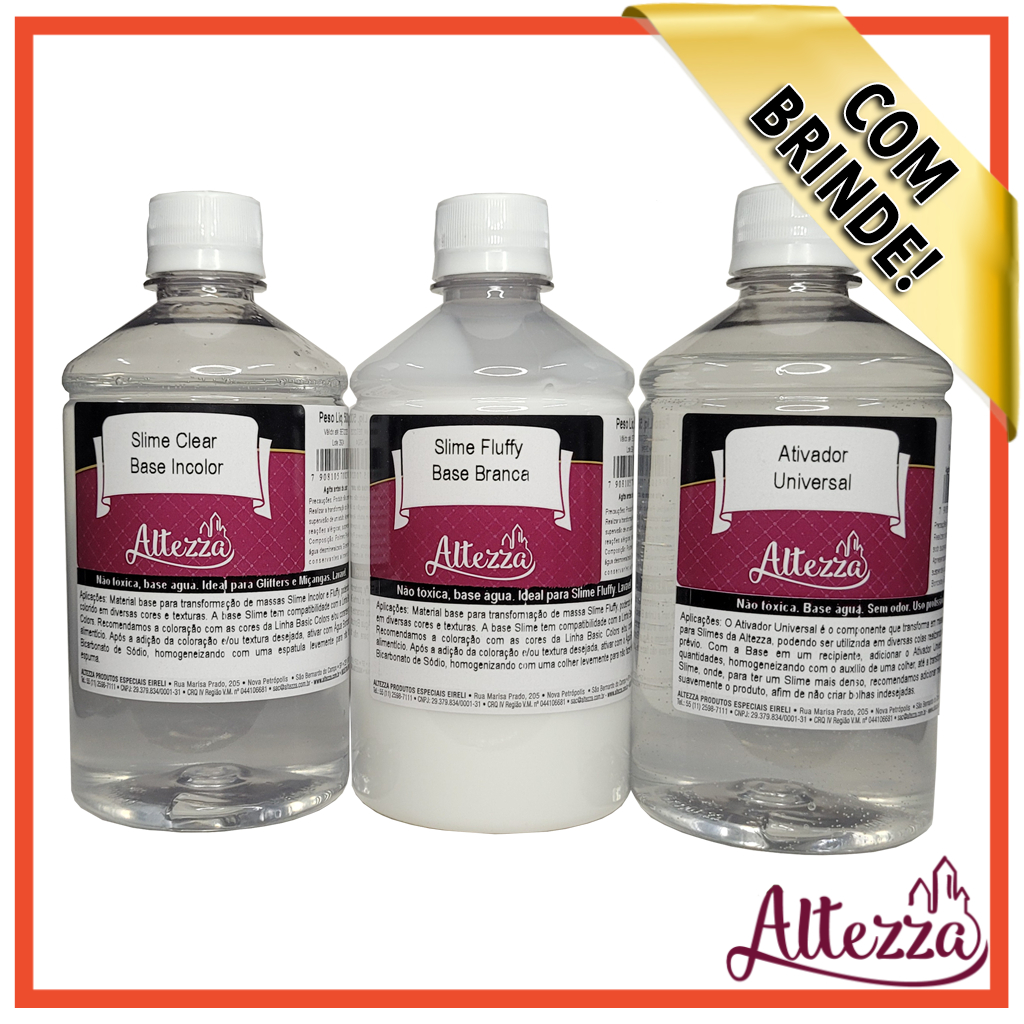 Kit Cola Clear 500g + Cola Fluffy 500g + Ativador para Slime Universal 500ml Altezza - Super Premium Completo Slime - Criativo DIY Slimes Factory - Kit Slime Completo - Fazer Slimes - Oferta - Promoção Especial