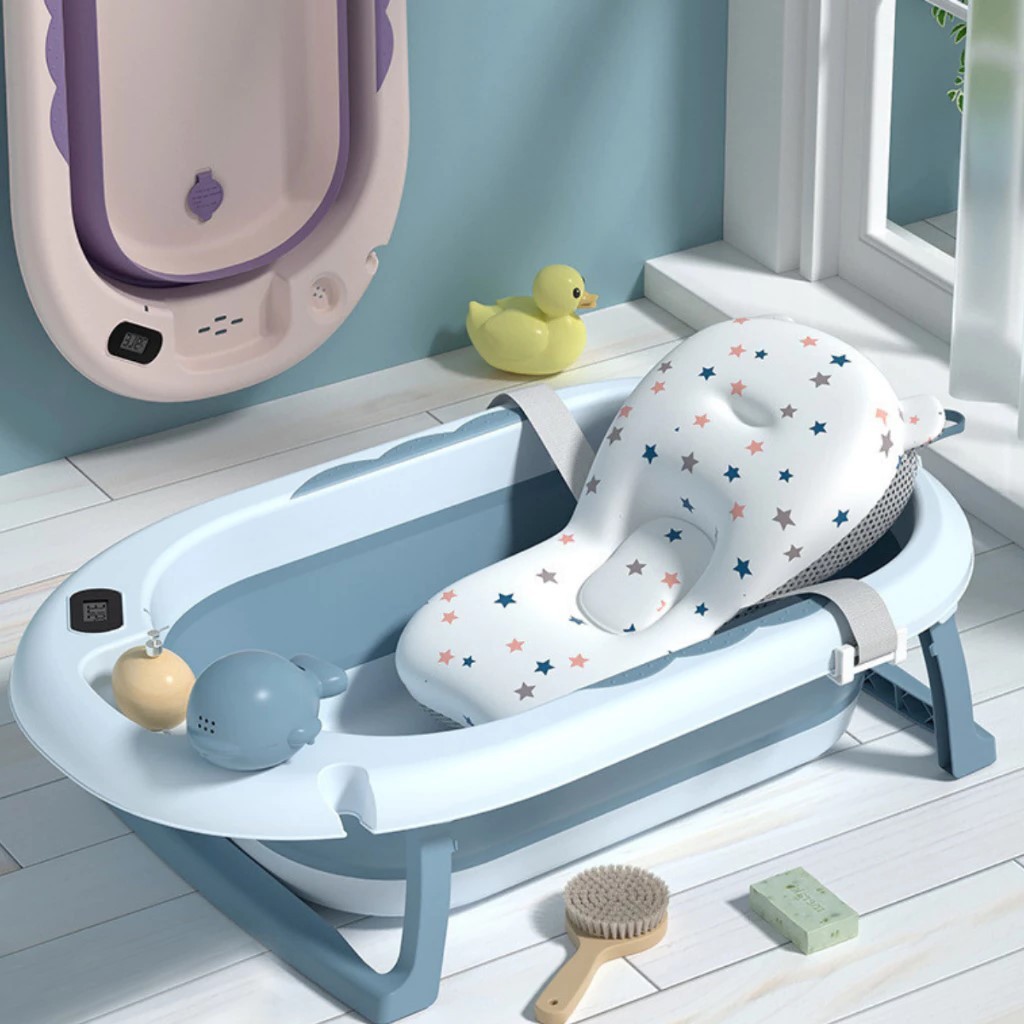 Banheira Azul ou Rosa para bebe com termômetro digital + almofada + chuveirinho de mão em Oferta na Shopee