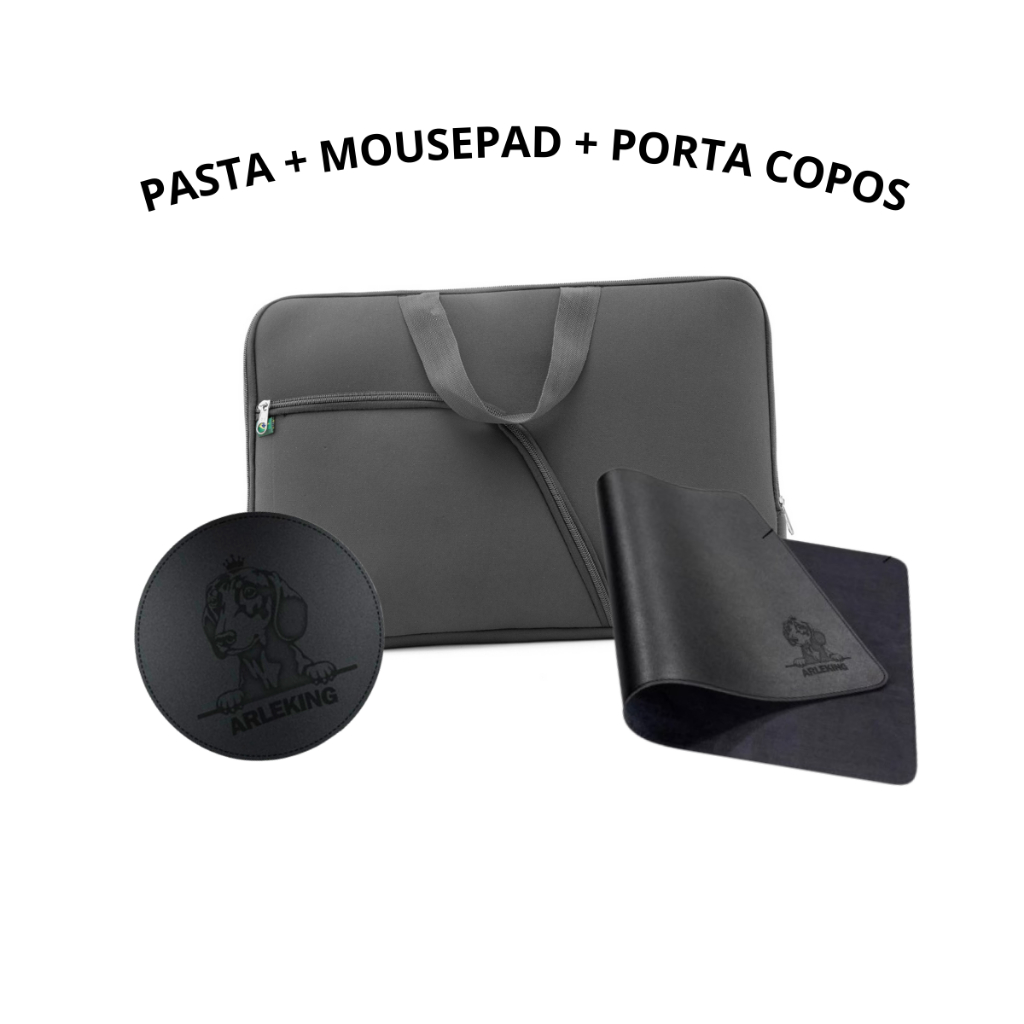 Kit Pasta De Notebook Case Capa + MousePad Preto 25x20 Couro Sintético + Porta Copo