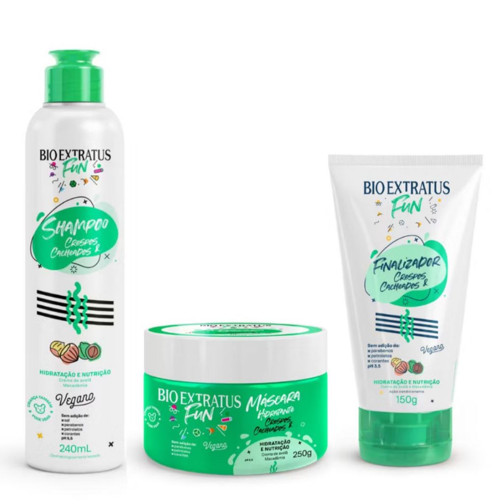 Kit Shampoo, Máscara  e Finalizador Crespos e Cacheados Bio Extratus Fun