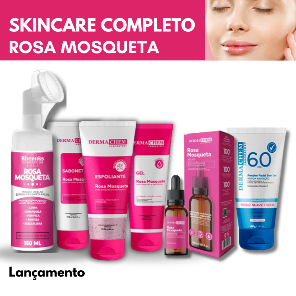 Kit Skincare Rosa Mosqueta Dermachem+Sérum Rosa Mosqueta+ Protetor Solar FPS 60 Sem Cor+Mousse Micelar Rosa Rhenuks