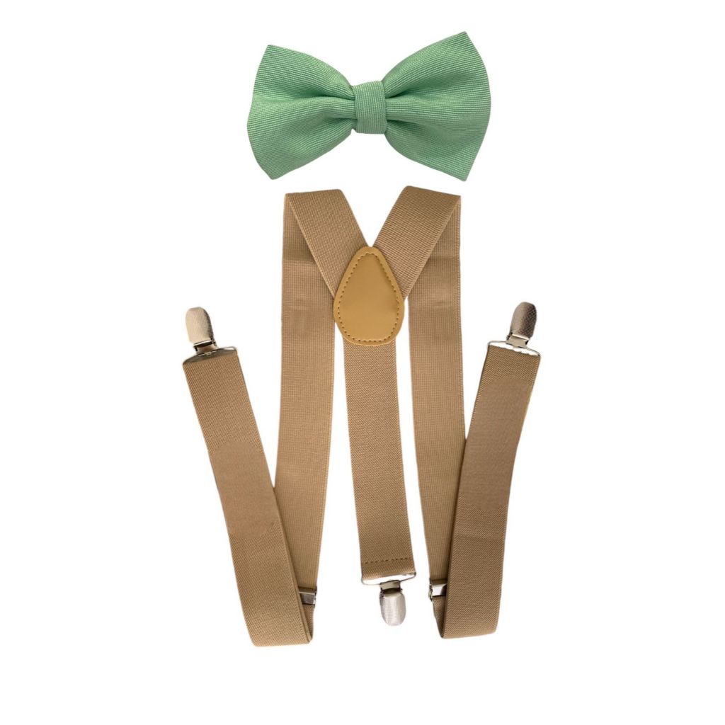Kit Suspensório Bege 3,5 com Gravata Borboleta Verde Pistache Premium Adulto Para Padrinhos