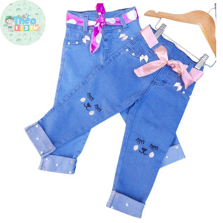 Calça jeans infantil menina com bordado e cinto 1 2 3 anos em Oferta na Shopee