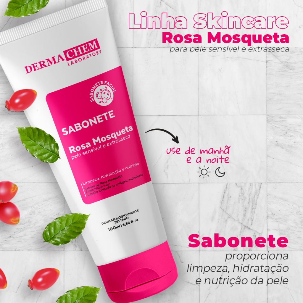 Detalhes do Kit Skincare Rosa Mosqueta Dermachem+Sérum Rosa Mosqueta+ Protetor Solar FPS 60 Sem Cor+Mousse Micelar Rosa Rhenuks