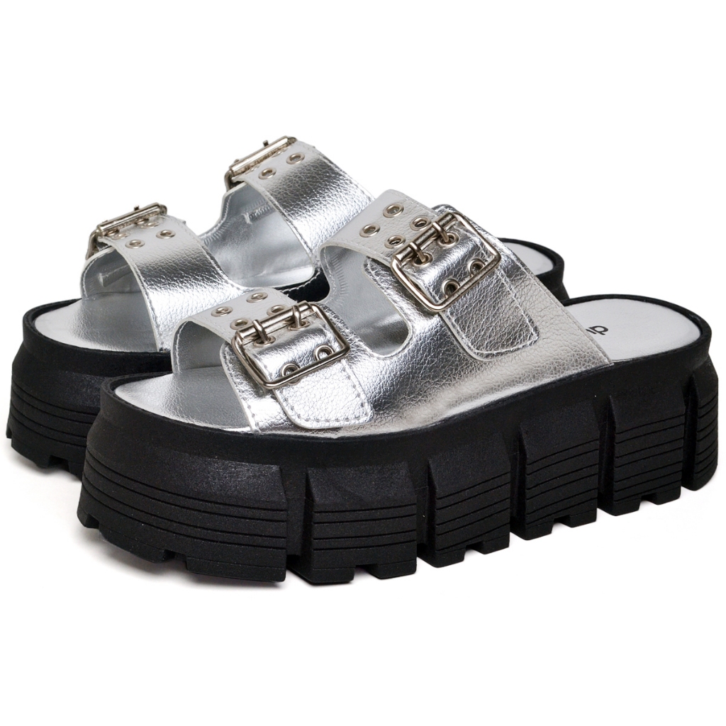 Sandália Papete Tratorada Feminina Prata Detalhes Fivela Dubuy Doja 2072DB - Women Shoes