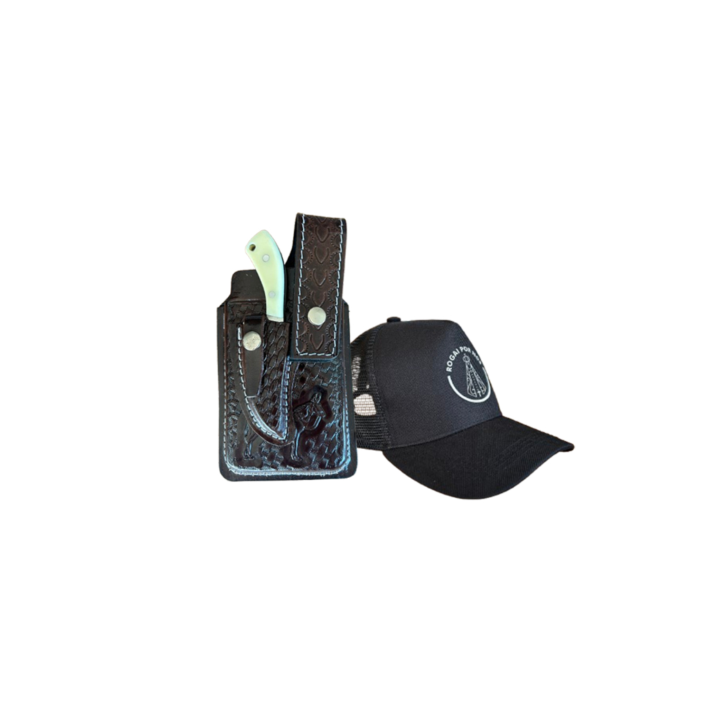 Capinha de Celular Com Botão de Pressão Porta Faca + Faca de Aço e Boné Santinha