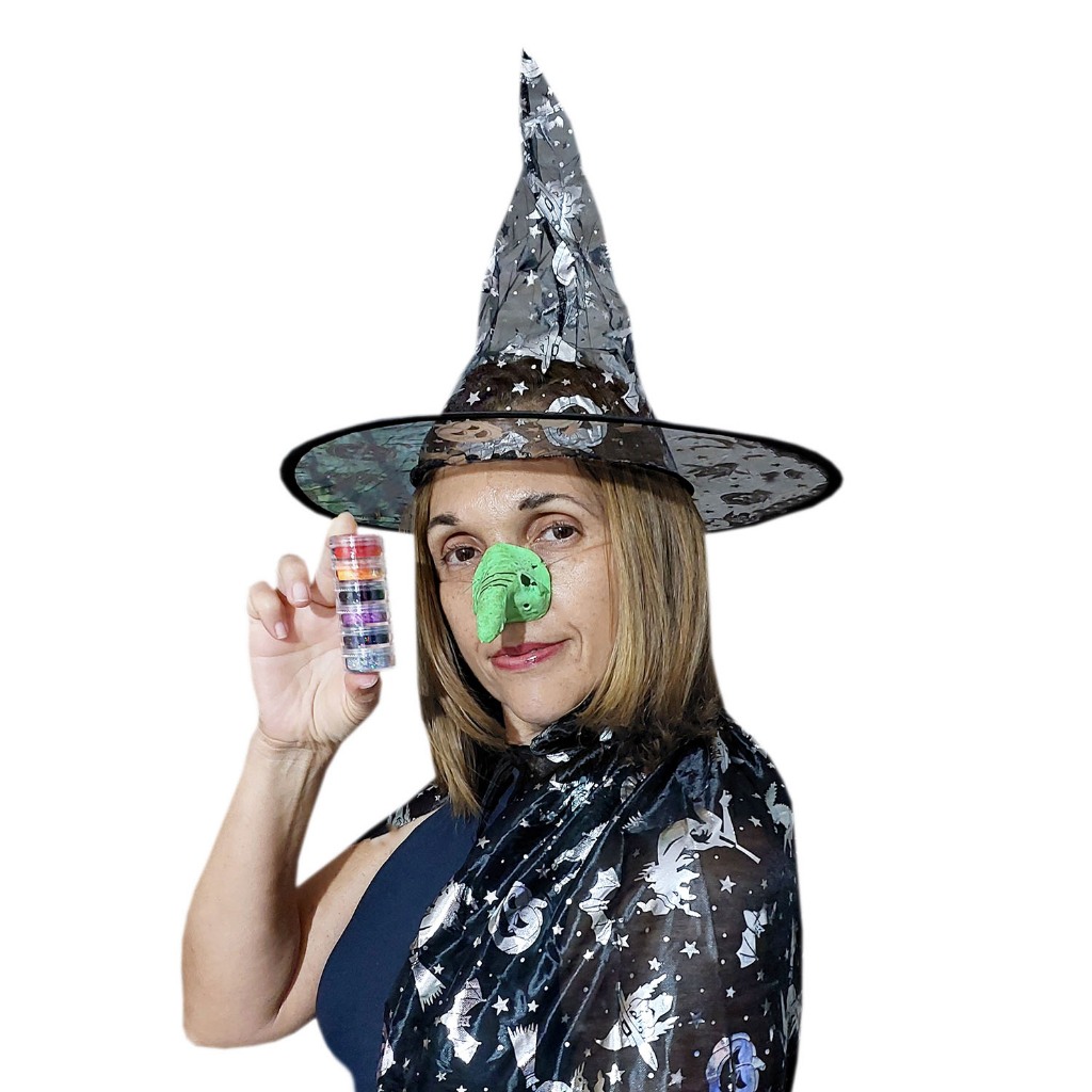 Kit Bruxa Fantasia Halloween Adulto: Capa + Chapéu + Nariz com Opção Brilha no Escuro + 6 Potinhos Glitter Sortidos