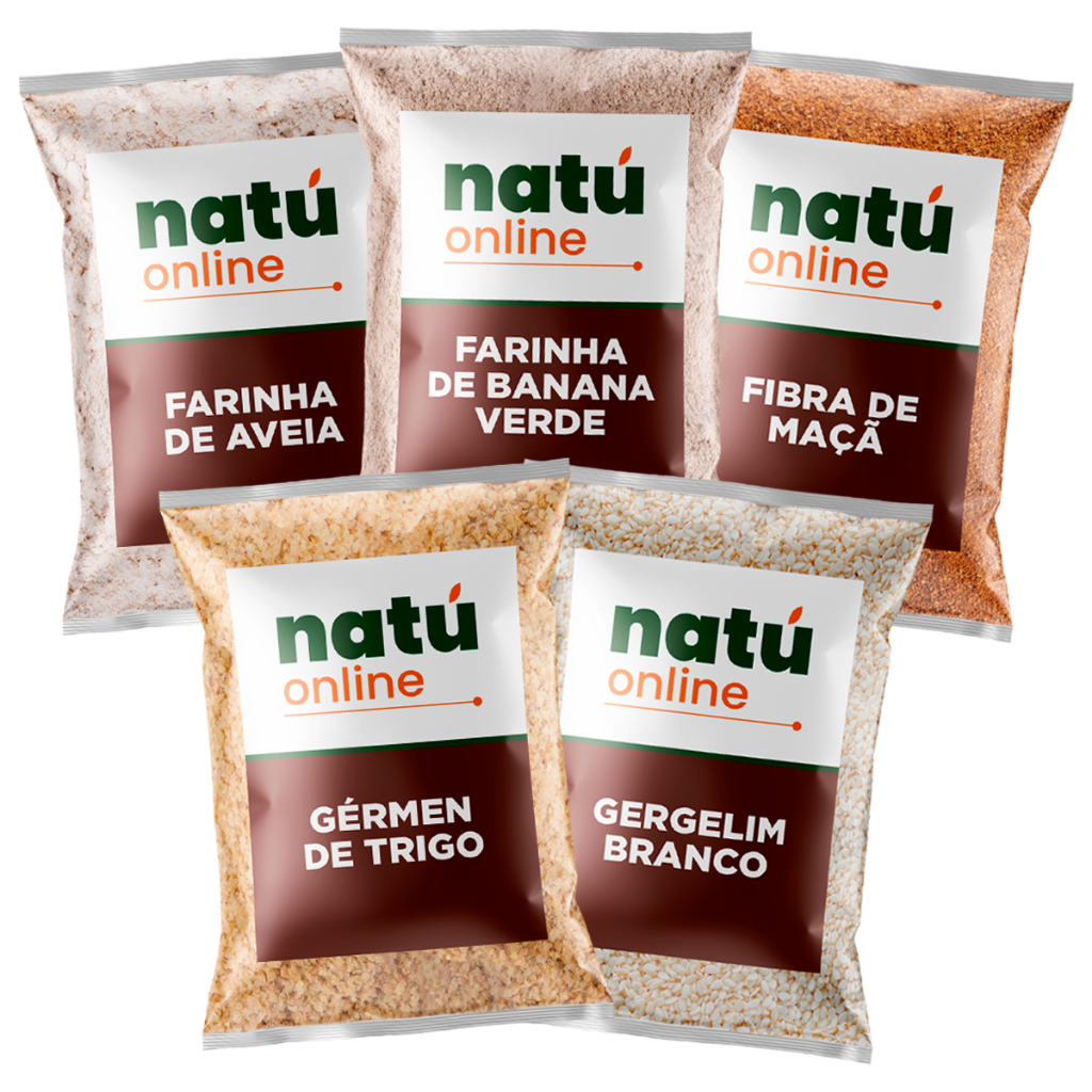 Kit Farinha Felicidade Fibra de Maça Banana Aveia Gergelim Germen de Trigo