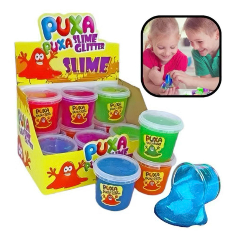 Caixa Com 3/ 12 / 20  De Slime Glitter Puxa-puxa 180g Puxa Puxa Slime Glitter - Original - 180g Cada BALCÃO DA MAGICAS