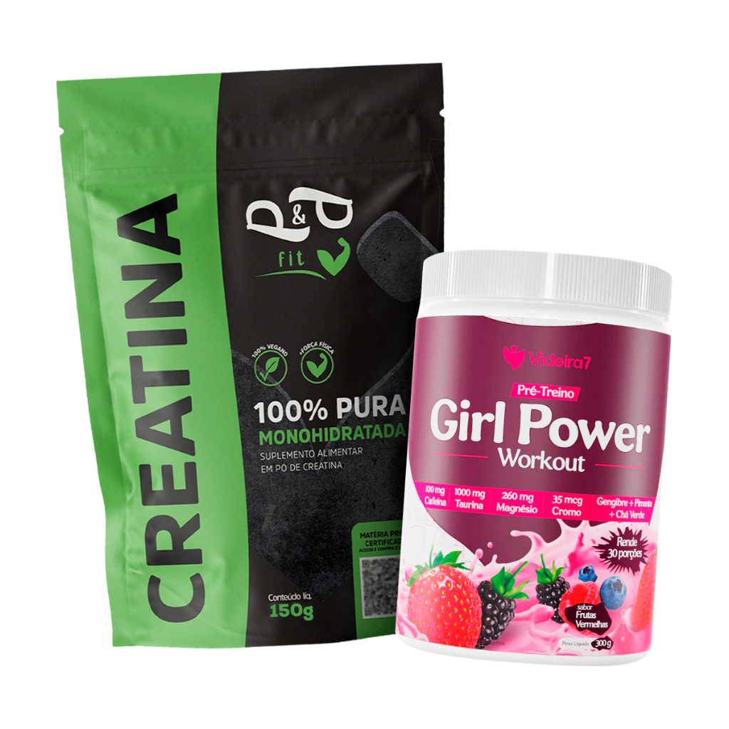 Kit Creatina 100% Pura Monohidratada 150g + Pré Treino Feminino Girl Power 300g em Oferta na Shopee