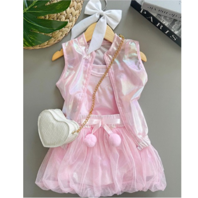 Conjunto de menina luxo 3 peças regata+colete+ short/saia holográfico