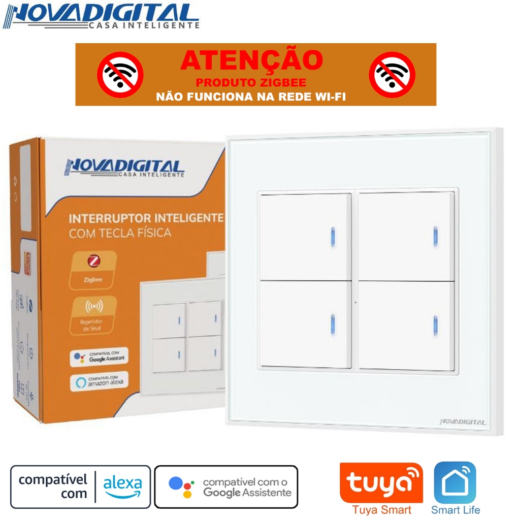 Interruptor Smart Zigbee 4x4 de 4 Botões Físicos Repetidor de Sinal Tuya Nova Digital