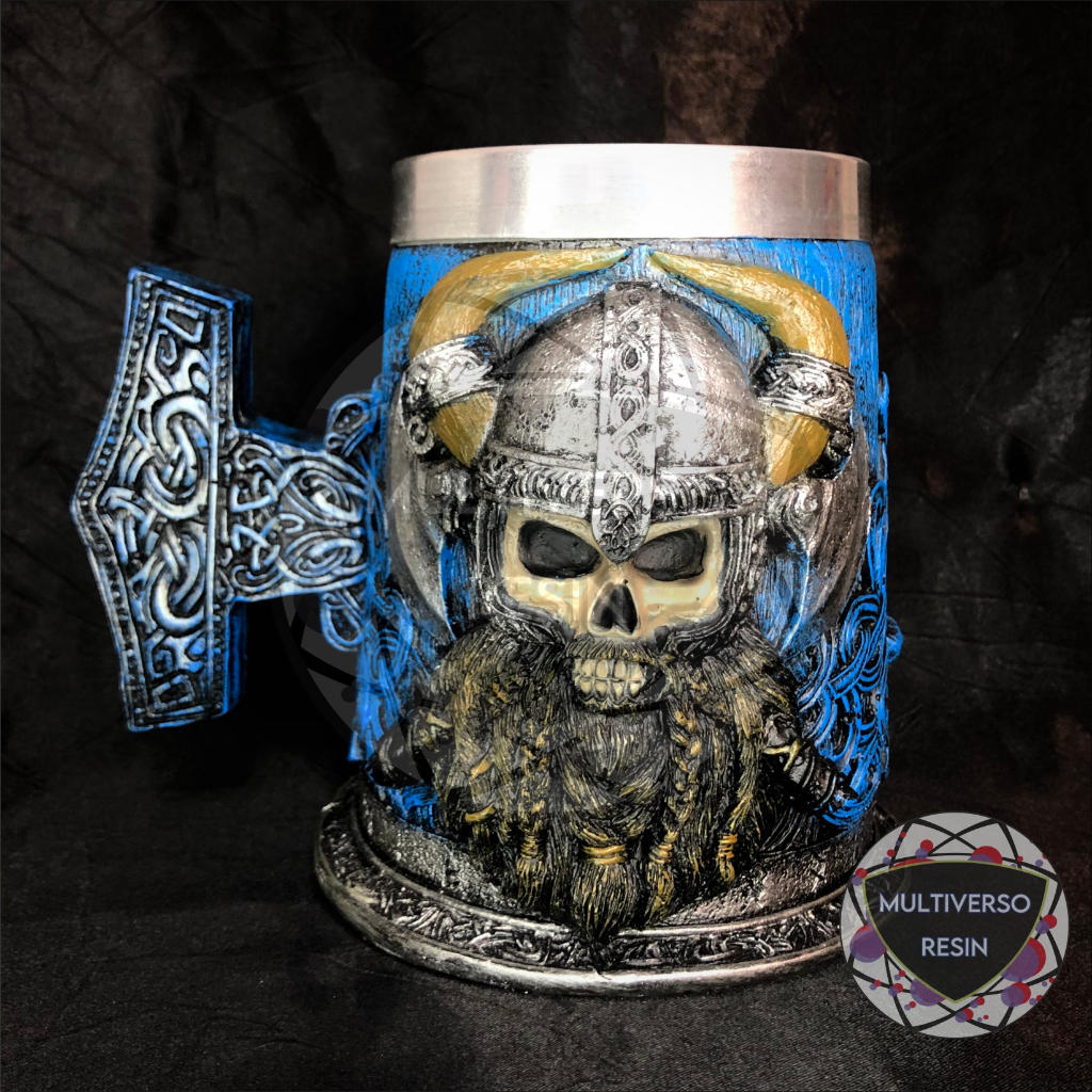 Caneca/Copo Caveira Viking Medieval Azul Hidromel Cerveja e Chopp 3D Resina