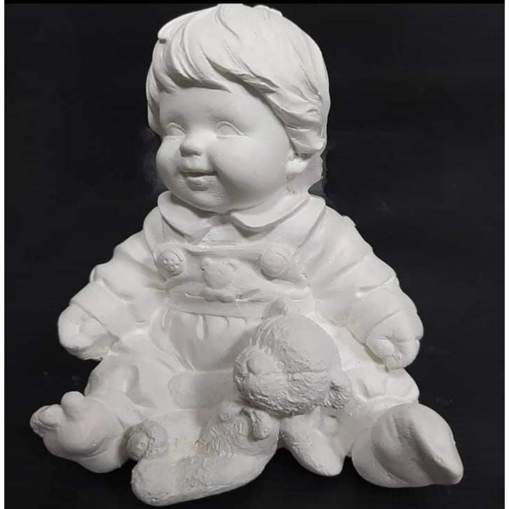 Estátua Erê Menino com Urso 15cm Gesso Crú