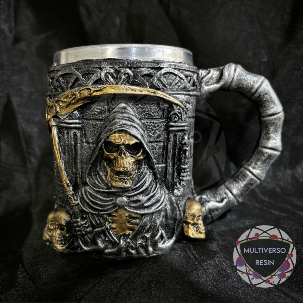 Caneca/Copo Personalizada Caveira Morte com Foice Medieval Crânio Vikings 3D Resina - Prata