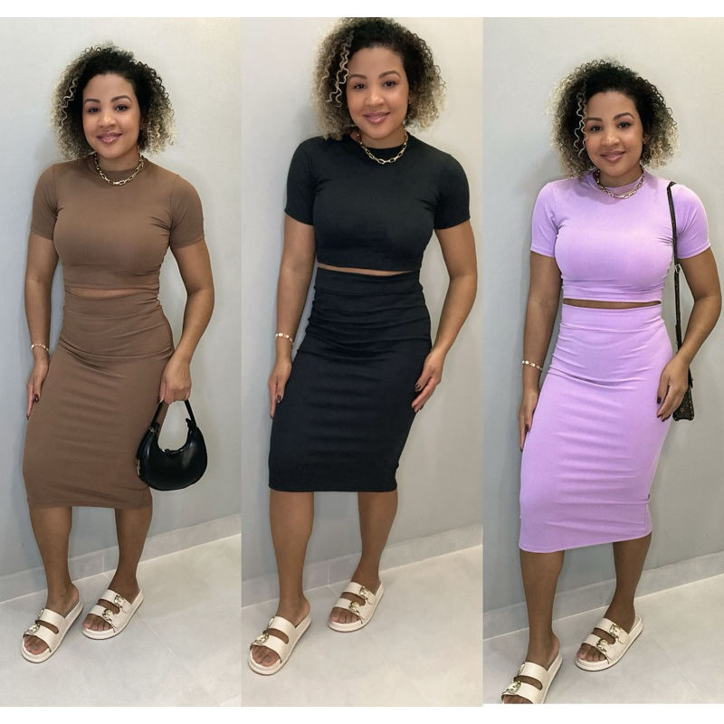 Conjunto Rubi, Feminino Saia Midi Longa reta e Cropped de manga Canelado Ribana.