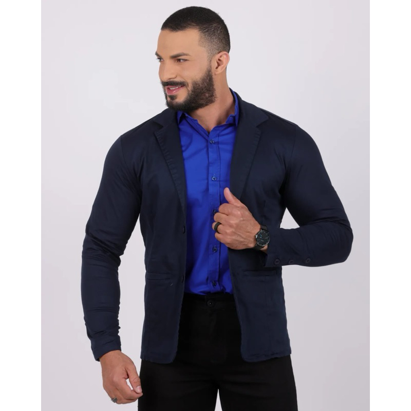 BLAZER AZUL ESCURO MASCULINO SLIM FIT SARJA ACETINADA